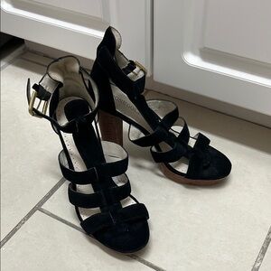 Rosegold Suede Platform Strappy Open Toe Sandal Heels | Size 6.5